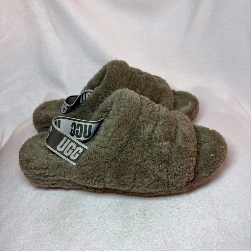 UGG Fluff Yeah Slide Burnt Olive Sheepskin Slingback Slipper 1095119 Womens 10